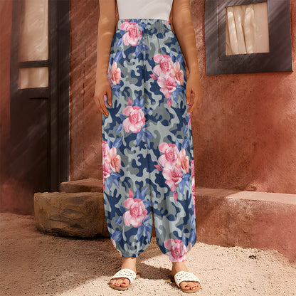 Pink Rose Flower Camouflage Print Harem Pants