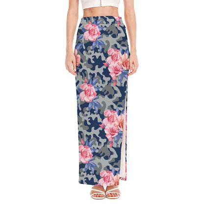 Pink Rose Flower Camouflage Print High Slit Maxi Skirt