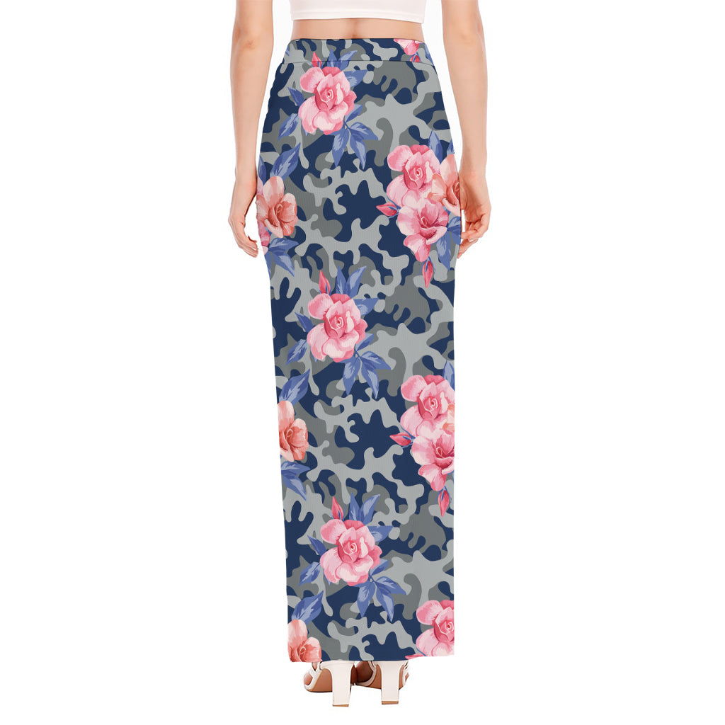 Pink Rose Flower Camouflage Print High Slit Maxi Skirt