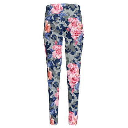 Pink Rose Flower Camouflage Print High-Waisted Pocket Leggings