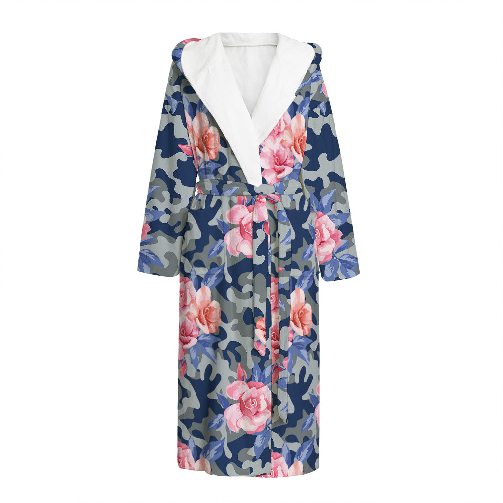 Pink Rose Flower Camouflage Print Hooded Bathrobe