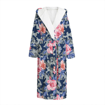 Pink Rose Flower Camouflage Print Hooded Bathrobe