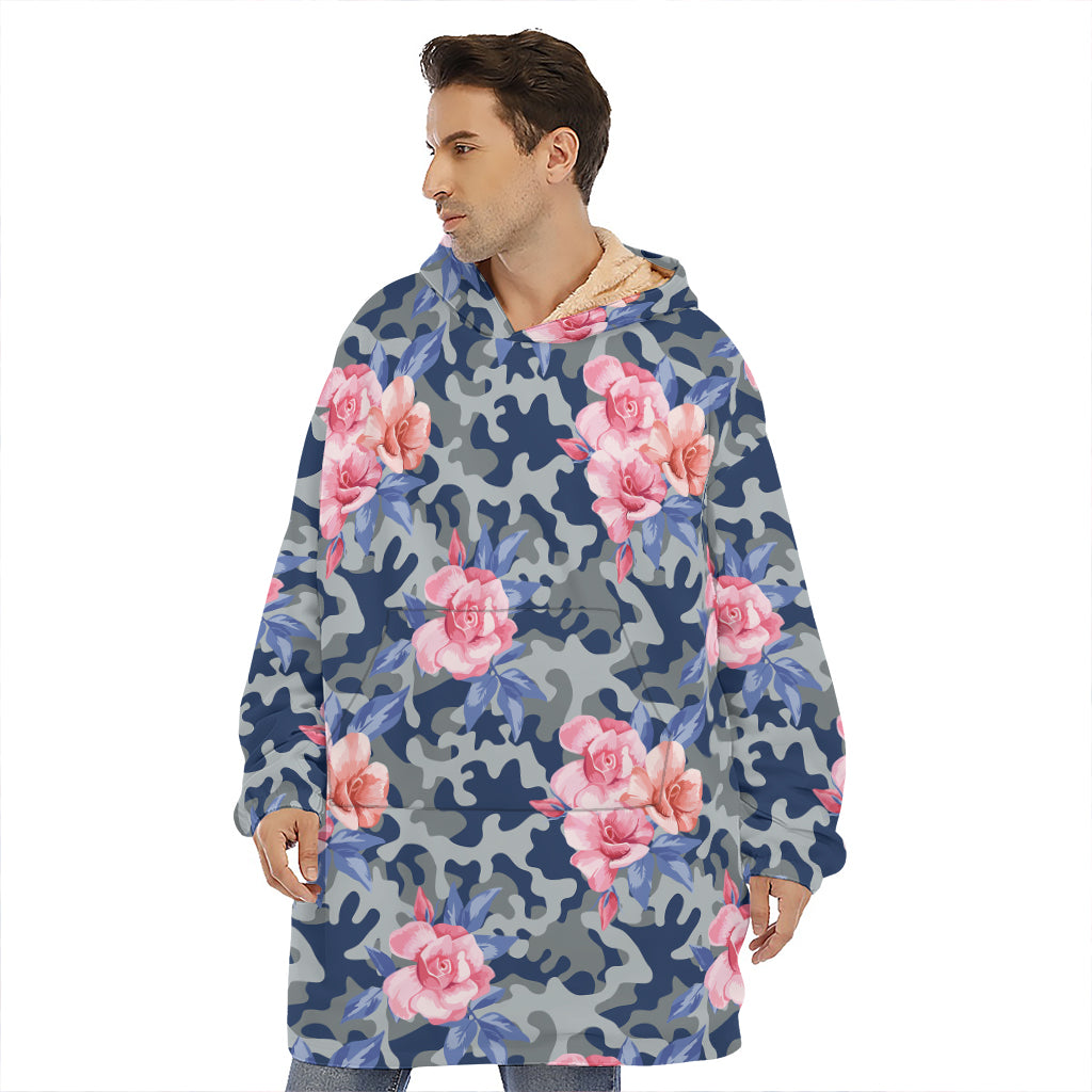Pink Rose Flower Camouflage Print Hoodie Blanket
