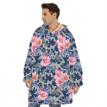 Pink Rose Flower Camouflage Print Hoodie Blanket