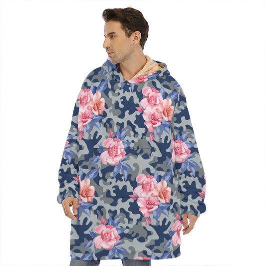 Pink Rose Flower Camouflage Print Hoodie Blanket