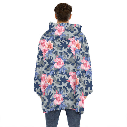 Pink Rose Flower Camouflage Print Hoodie Blanket