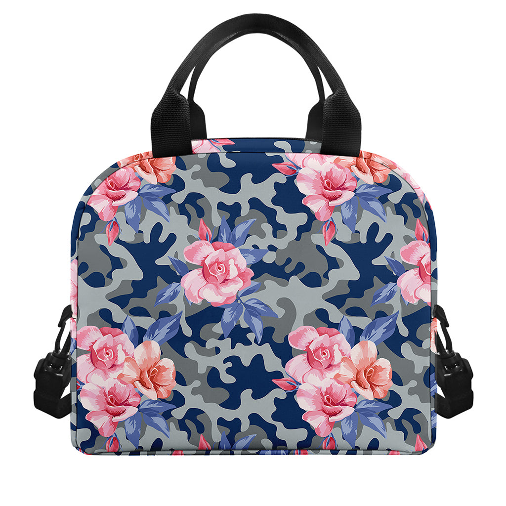 Pink Rose Flower Camouflage Print Insulated Lunch Bag