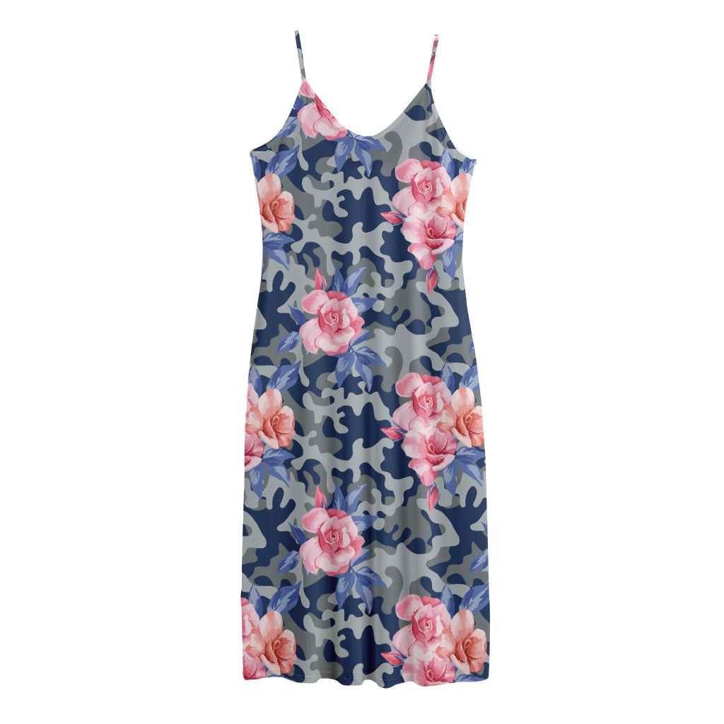 Pink Rose Flower Camouflage Print Jersey Midi Cami Dress
