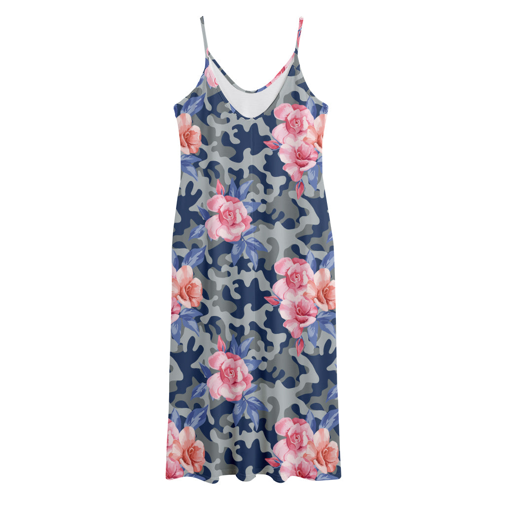 Pink Rose Flower Camouflage Print Jersey Midi Cami Dress