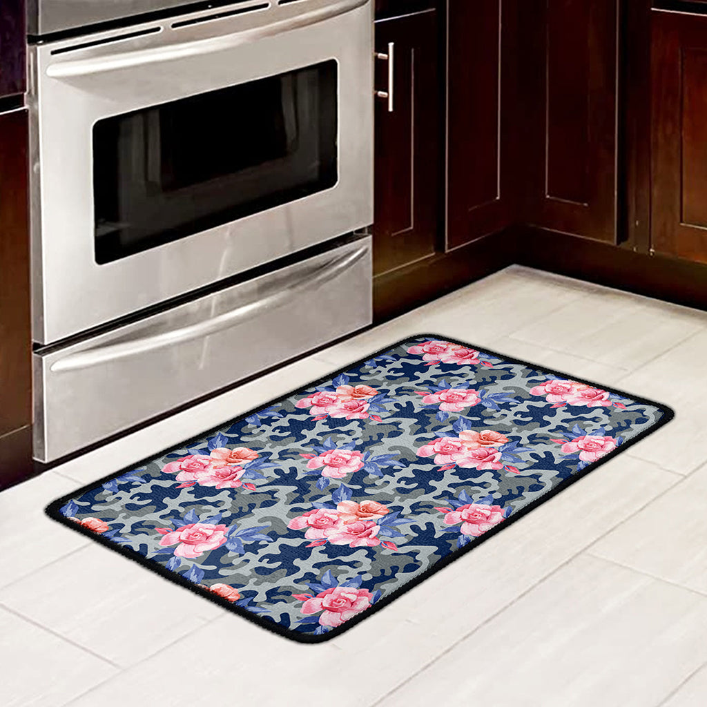 Pink Rose Flower Camouflage Print Kitchen Mat