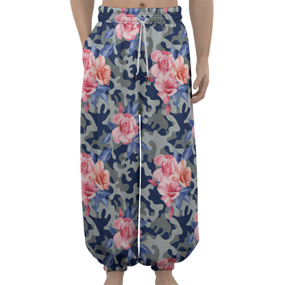 Pink Rose Flower Camouflage Print Lantern Pants