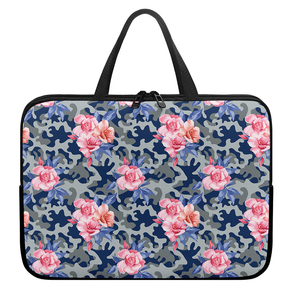 Pink Rose Flower Camouflage Print Laptop Sleeve With Handle