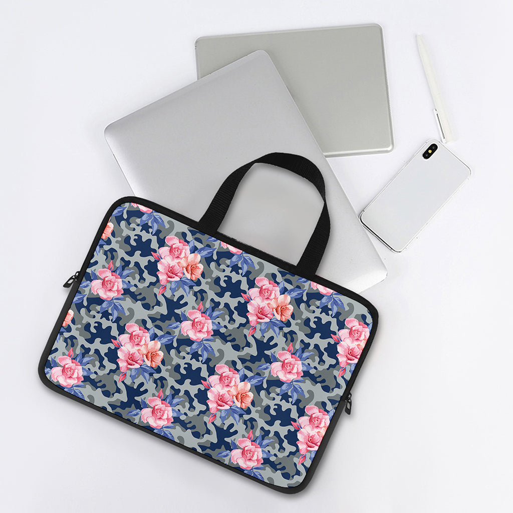 Pink Rose Flower Camouflage Print Laptop Sleeve With Handle