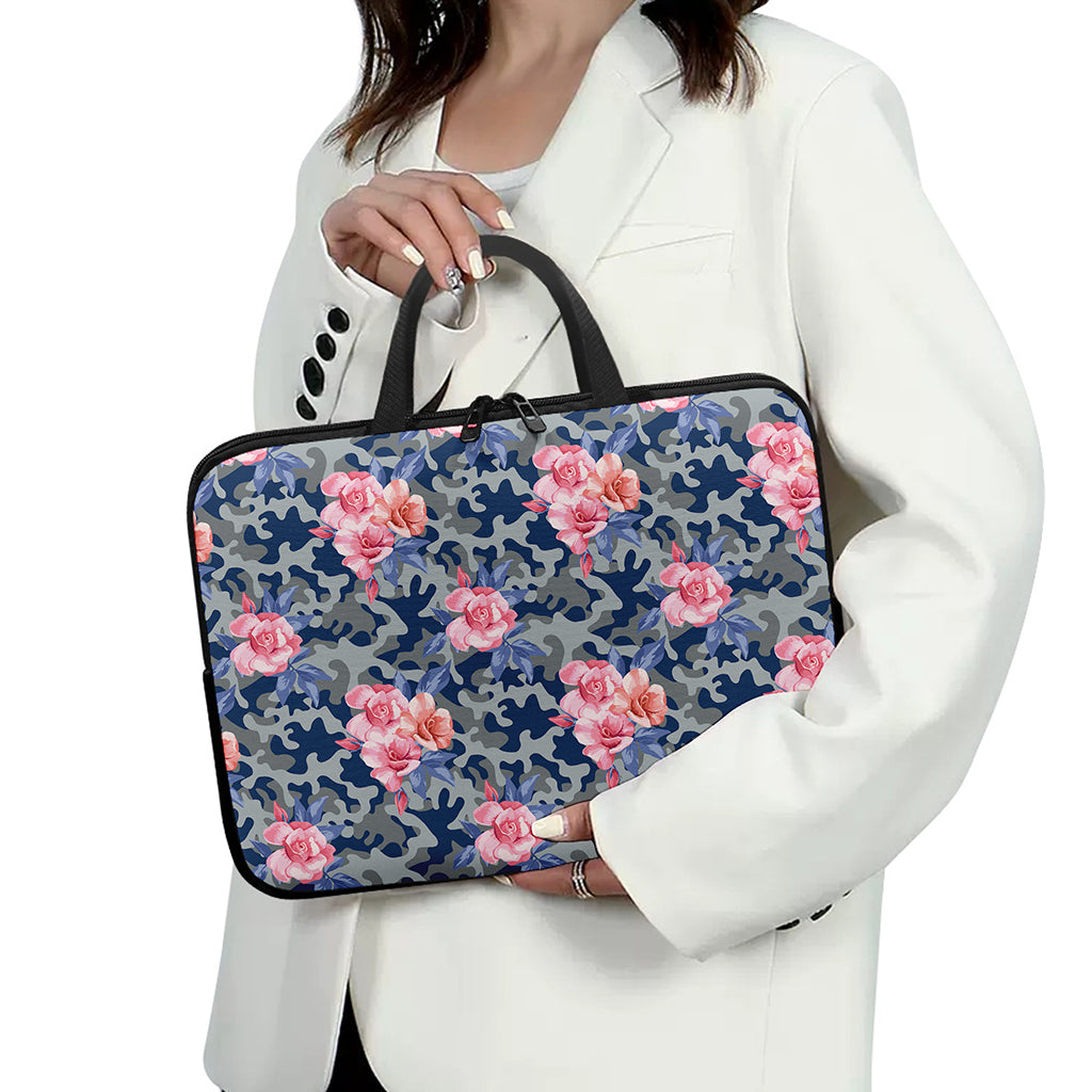 Pink Rose Flower Camouflage Print Laptop Sleeve With Handle