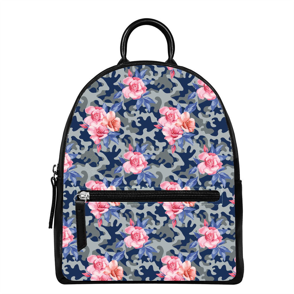 Pink Rose Flower Camouflage Print Leather Backpack