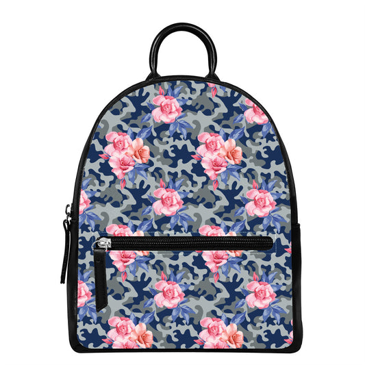 Pink Rose Flower Camouflage Print Leather Backpack