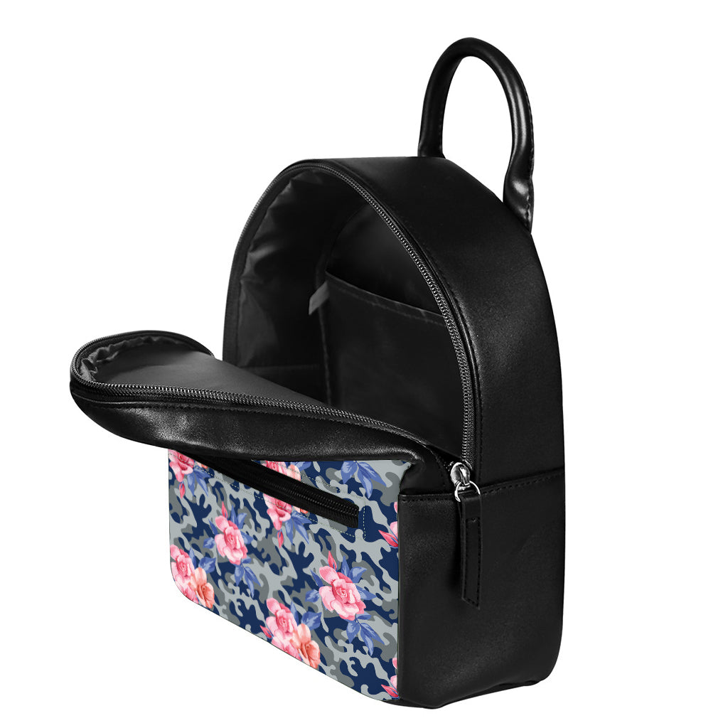 Pink Rose Flower Camouflage Print Leather Backpack