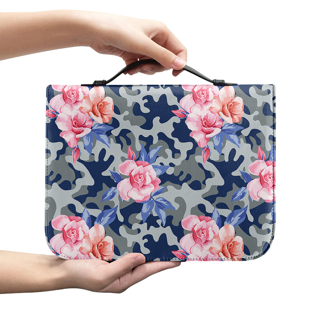 Pink Rose Flower Camouflage Print Leather Bible Cover