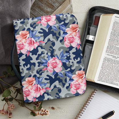 Pink Rose Flower Camouflage Print Leather Bible Cover