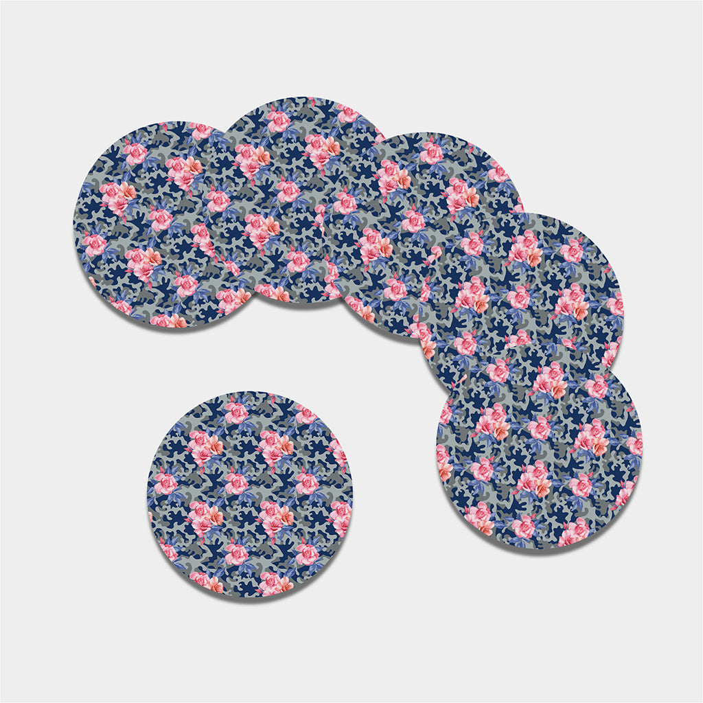 Pink Rose Flower Camouflage Print Leather Coaster Set