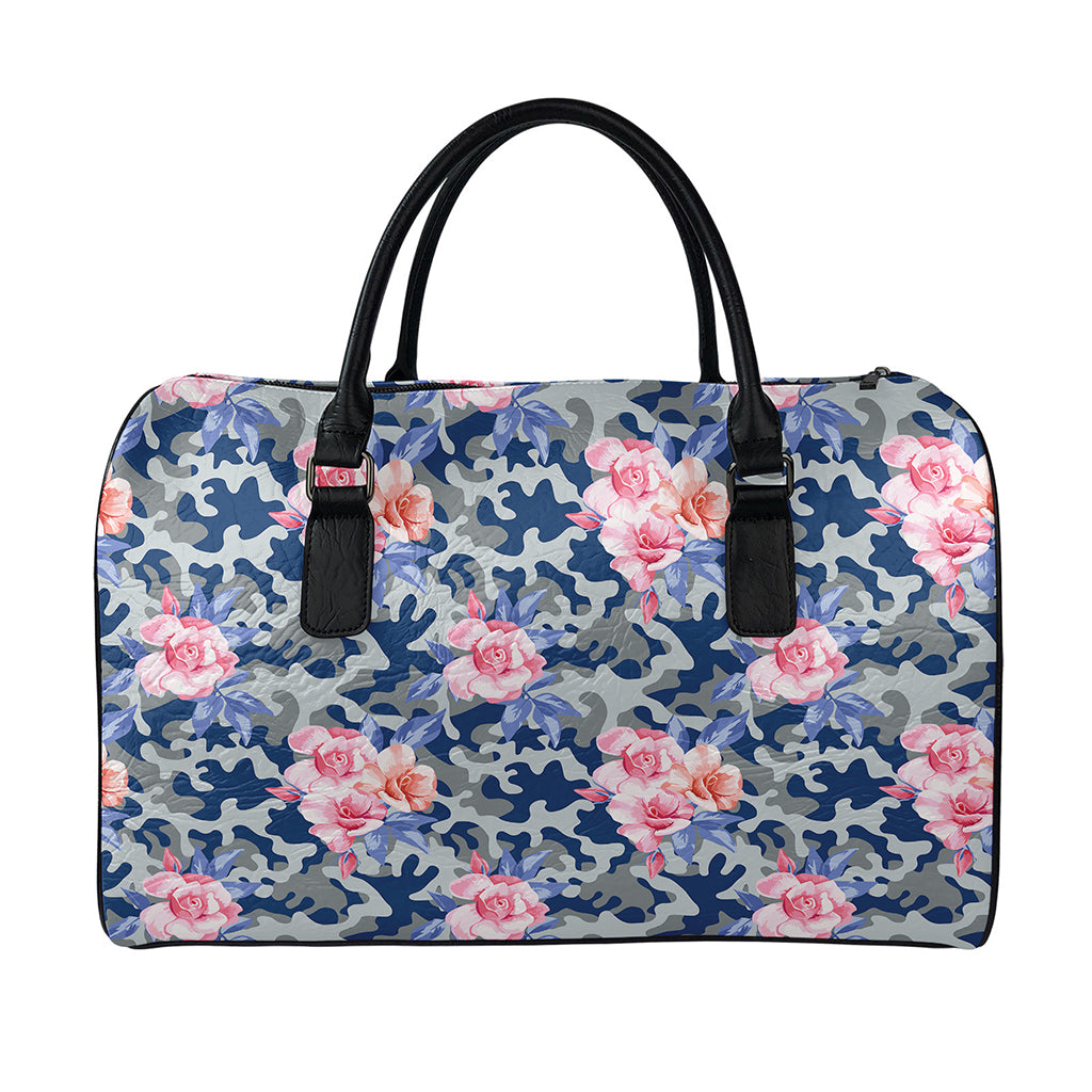 Pink Rose Flower Camouflage Print Leather Duffle Bag