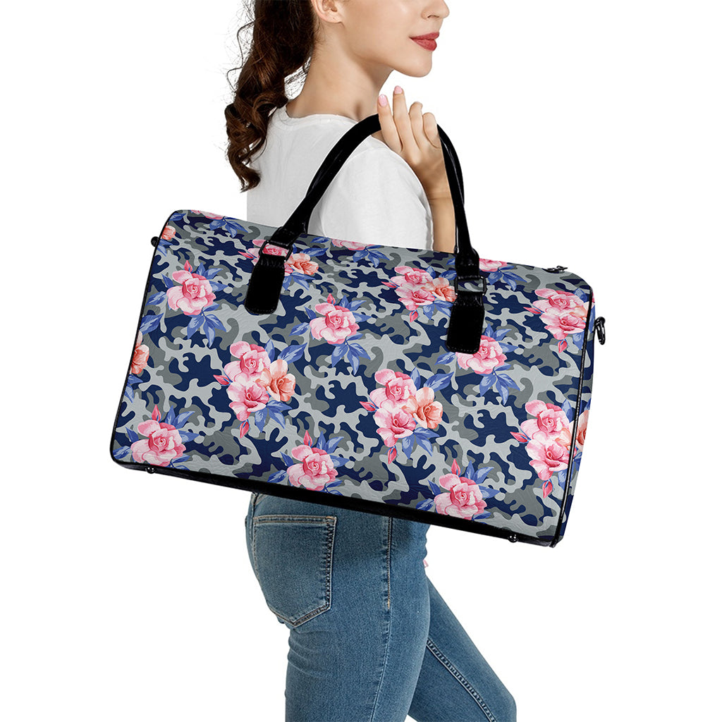 Pink Rose Flower Camouflage Print Leather Duffle Bag