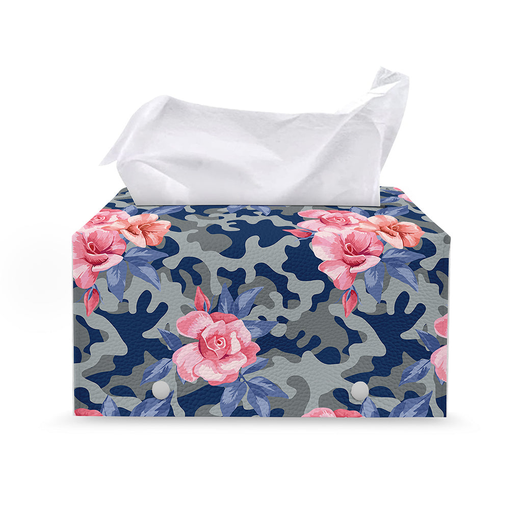 Pink Rose Flower Camouflage Print Leather Tissue Box Cover