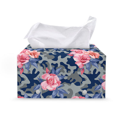 Pink Rose Flower Camouflage Print Leather Tissue Box Cover