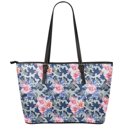 Pink Rose Flower Camouflage Print Leather Tote Bag
