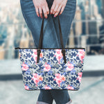 Pink Rose Flower Camouflage Print Leather Tote Bag