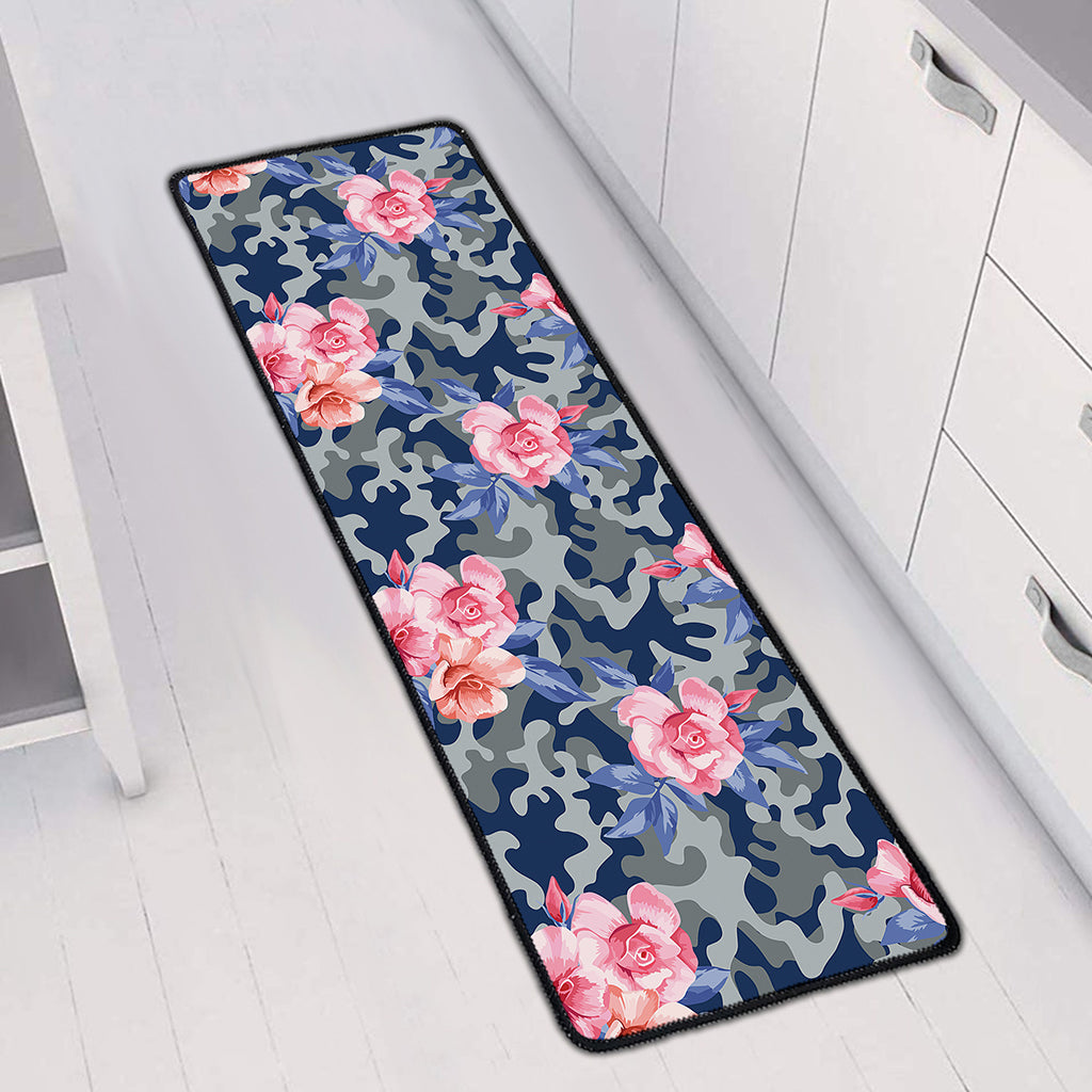 Pink Rose Flower Camouflage Print Long Kitchen Mat