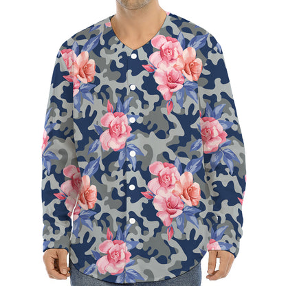 Pink Rose Flower Camouflage Print Long Sleeve Baseball Jersey