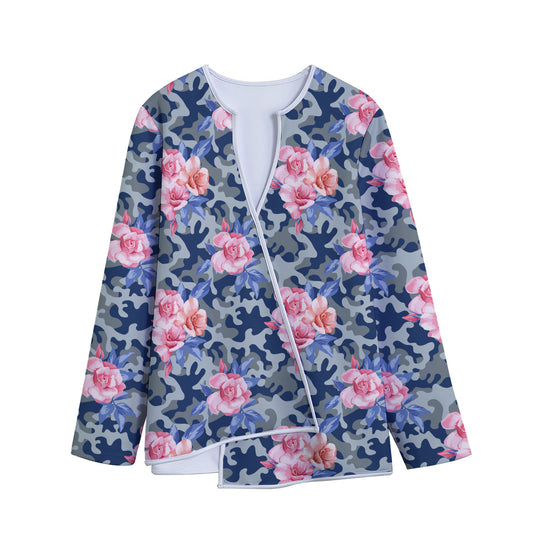 Pink Rose Flower Camouflage Print Long Sleeve Short Coat