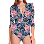 Pink Rose Flower Camouflage Print Long Sleeve Swimsuit
