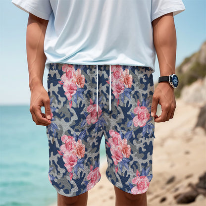 Pink Rose Flower Camouflage Print Men's Cargo Shorts