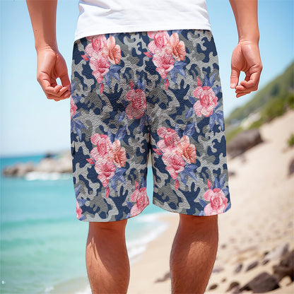 Pink Rose Flower Camouflage Print Men's Cargo Shorts