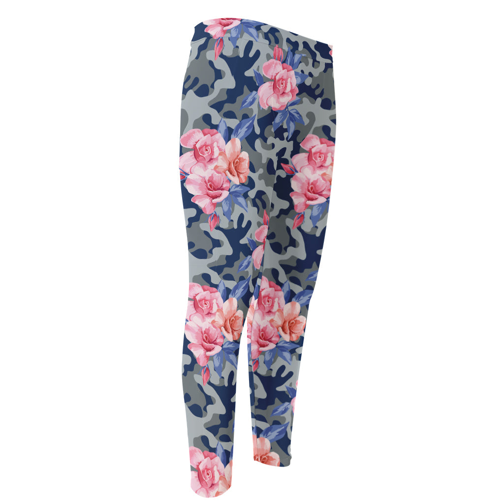 Pink Rose Flower Camouflage Print Men's Compression Pants