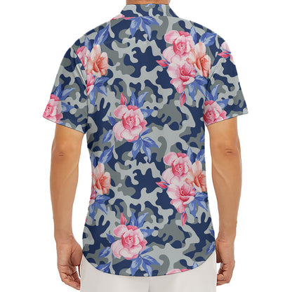 Pink Rose Flower Camouflage Print Men's Deep V-Neck Shirt