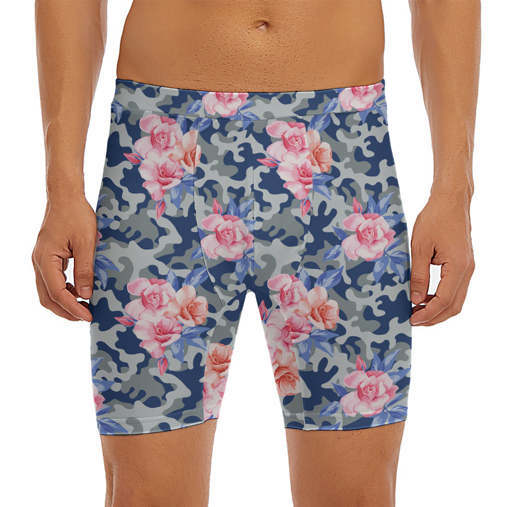 Pink Rose Flower Camouflage Print Men's Long Boxer Briefs