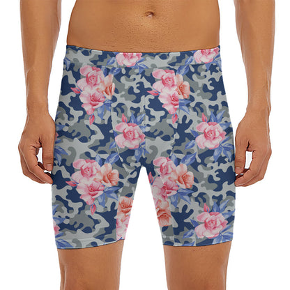 Pink Rose Flower Camouflage Print Men's Long Boxer Briefs