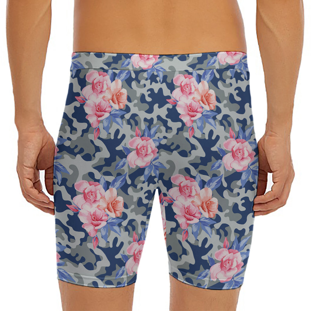 Pink Rose Flower Camouflage Print Men's Long Boxer Briefs