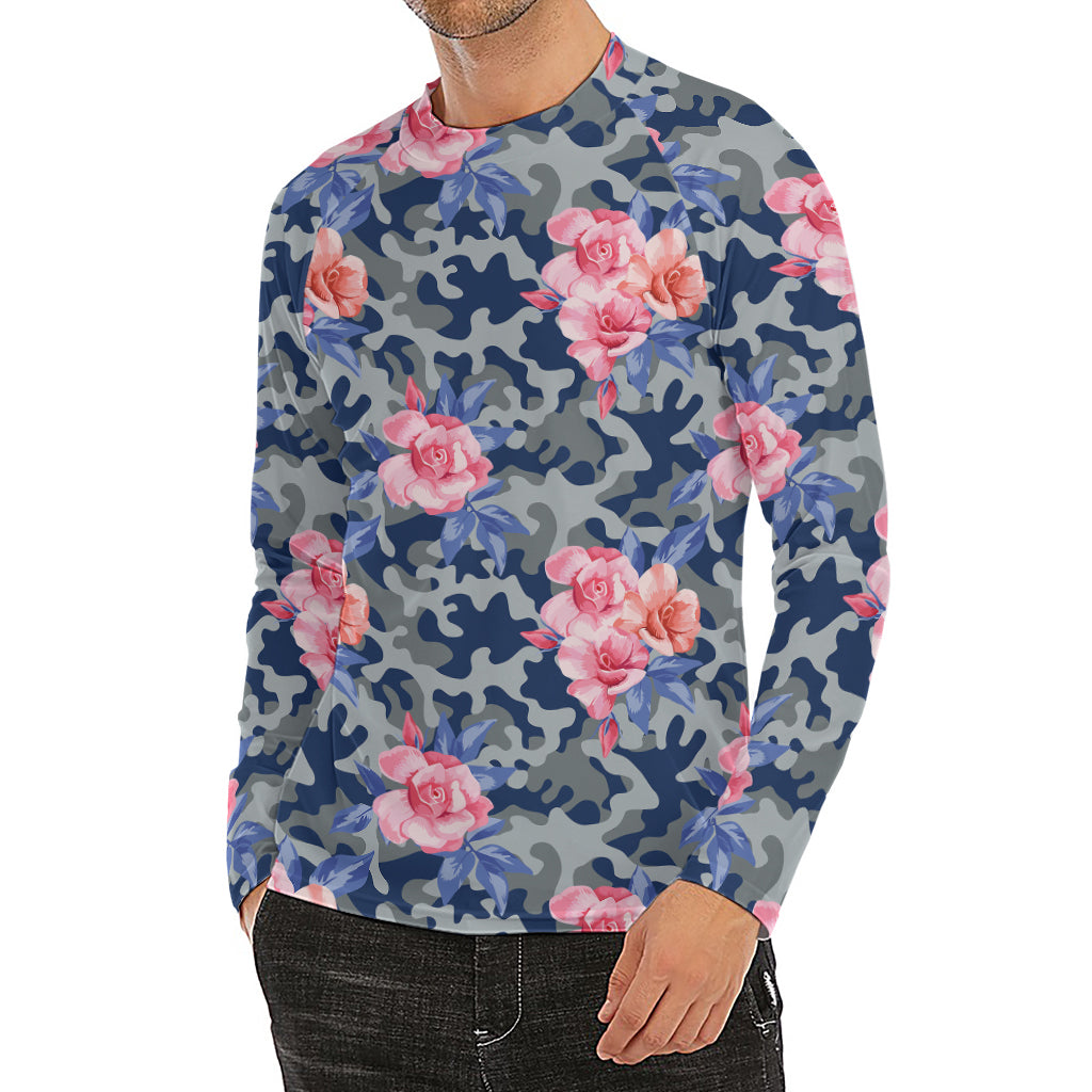 Pink Rose Flower Camouflage Print Men's Long Sleeve Rash Guard