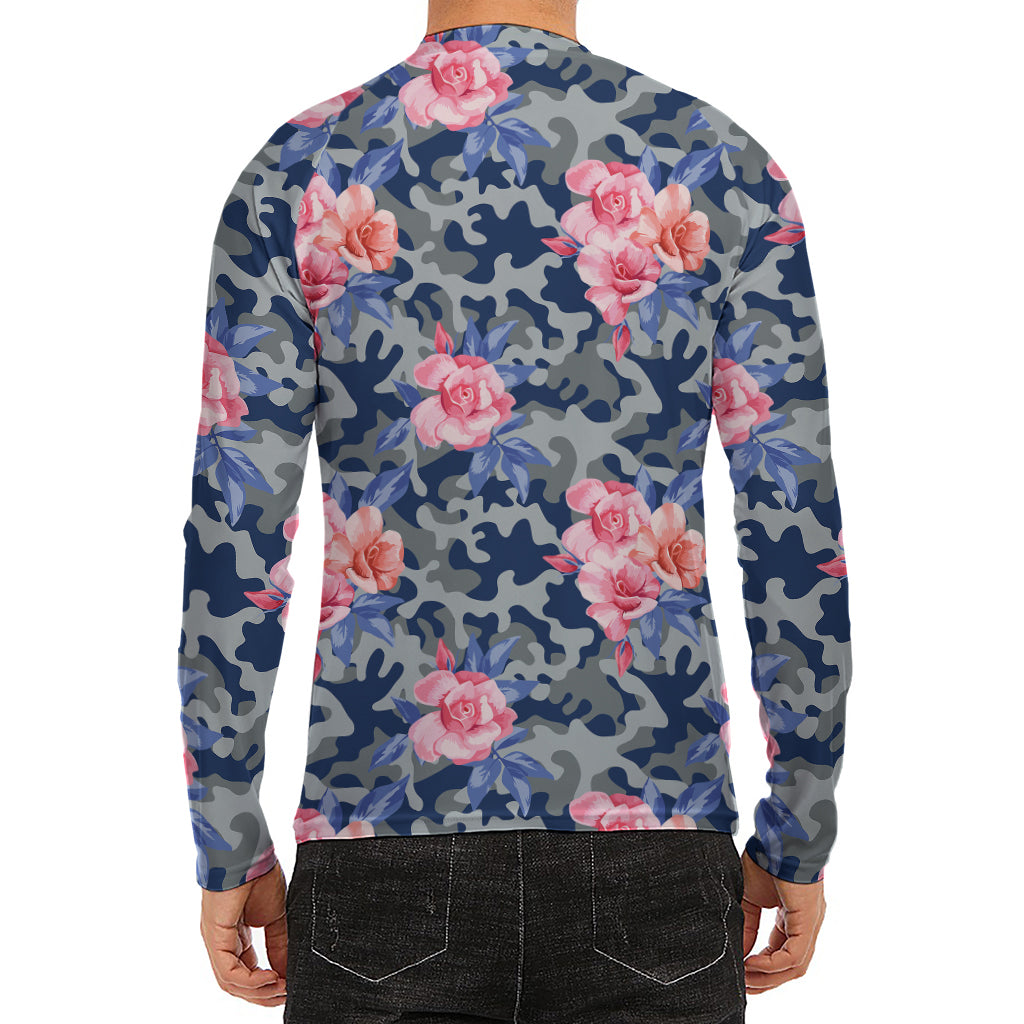 Pink Rose Flower Camouflage Print Men's Long Sleeve Rash Guard