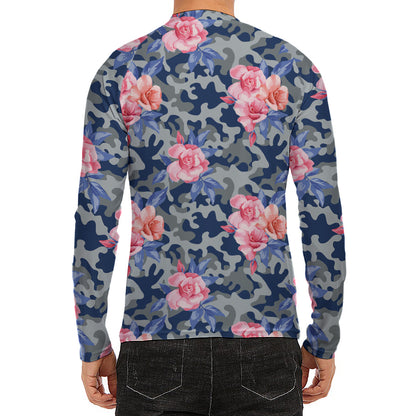 Pink Rose Flower Camouflage Print Men's Long Sleeve Rash Guard