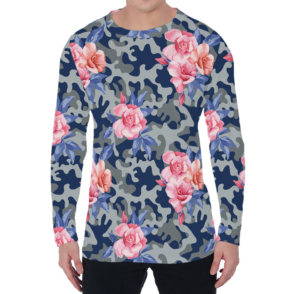 Pink Rose Flower Camouflage Print Men's Long Sleeve T-Shirt