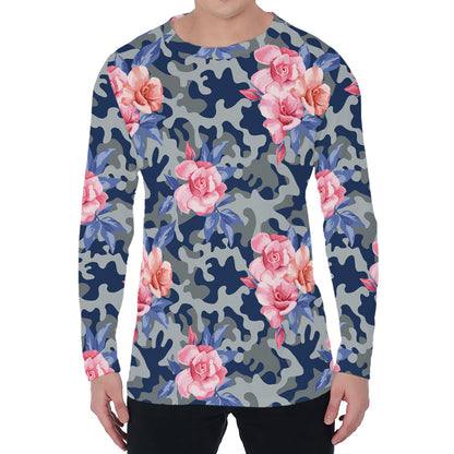 Pink Rose Flower Camouflage Print Men's Long Sleeve T-Shirt