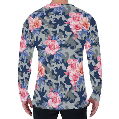 Pink Rose Flower Camouflage Print Men's Long Sleeve T-Shirt