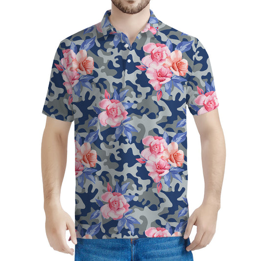 Pink Rose Flower Camouflage Print Men's Polo Shirt
