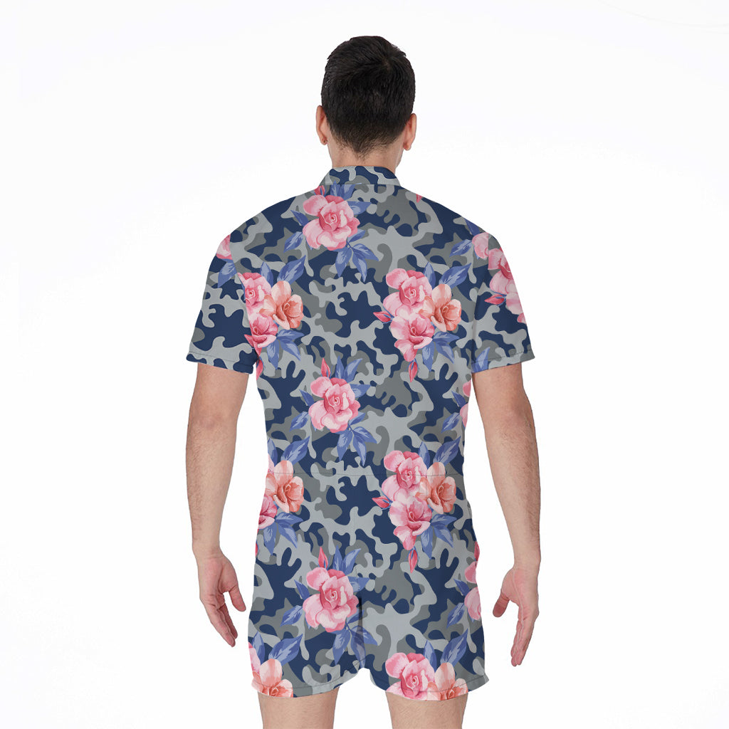 Pink Rose Flower Camouflage Print Men's Rompers