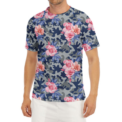 Pink Rose Flower Camouflage Print Men's Short Sleeve Rash Guard